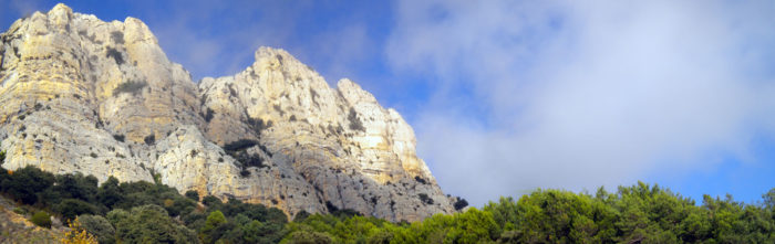 El serrat alt s'eleva majestuós sobre el bosc i les boires baixes